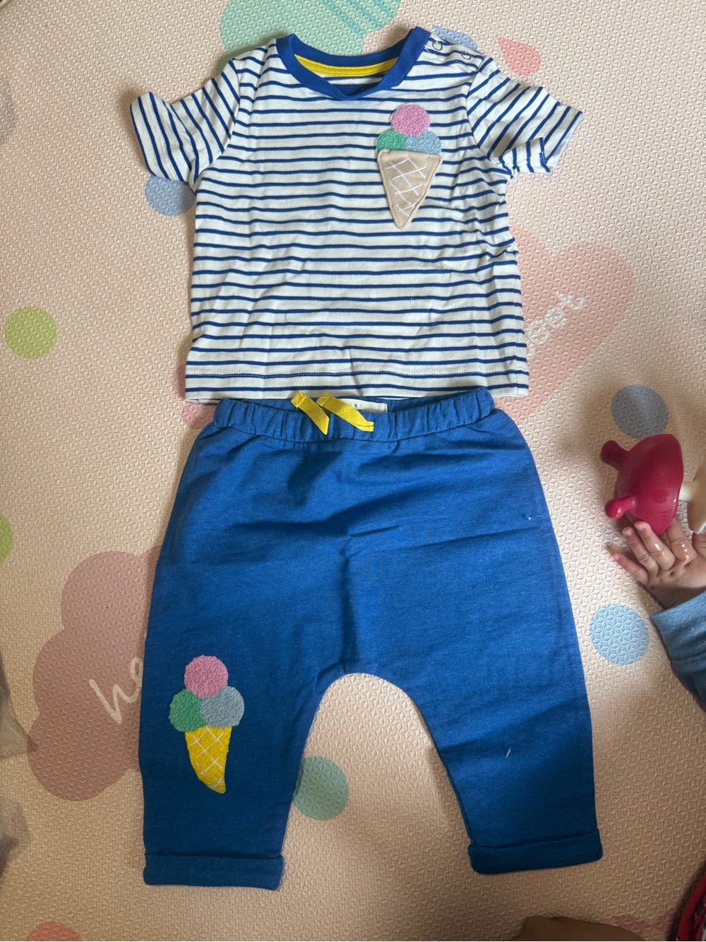 Baby Boden Blue Stripe Tee & Royal Blue Joggers with Ice Cream Appliqués